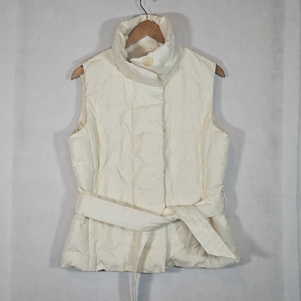 Talbots Women’s Small Down Filled Puffer Vest Ivory Cream Belted Full Zip